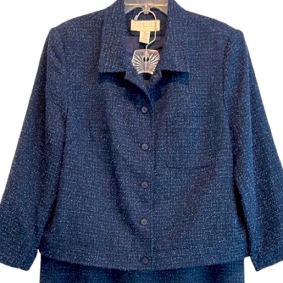 Tweed Bouclé 2 Pc Skirt Blazer Set Professional Suit Blue Gray Black Size 16 - Picture 10 of 16